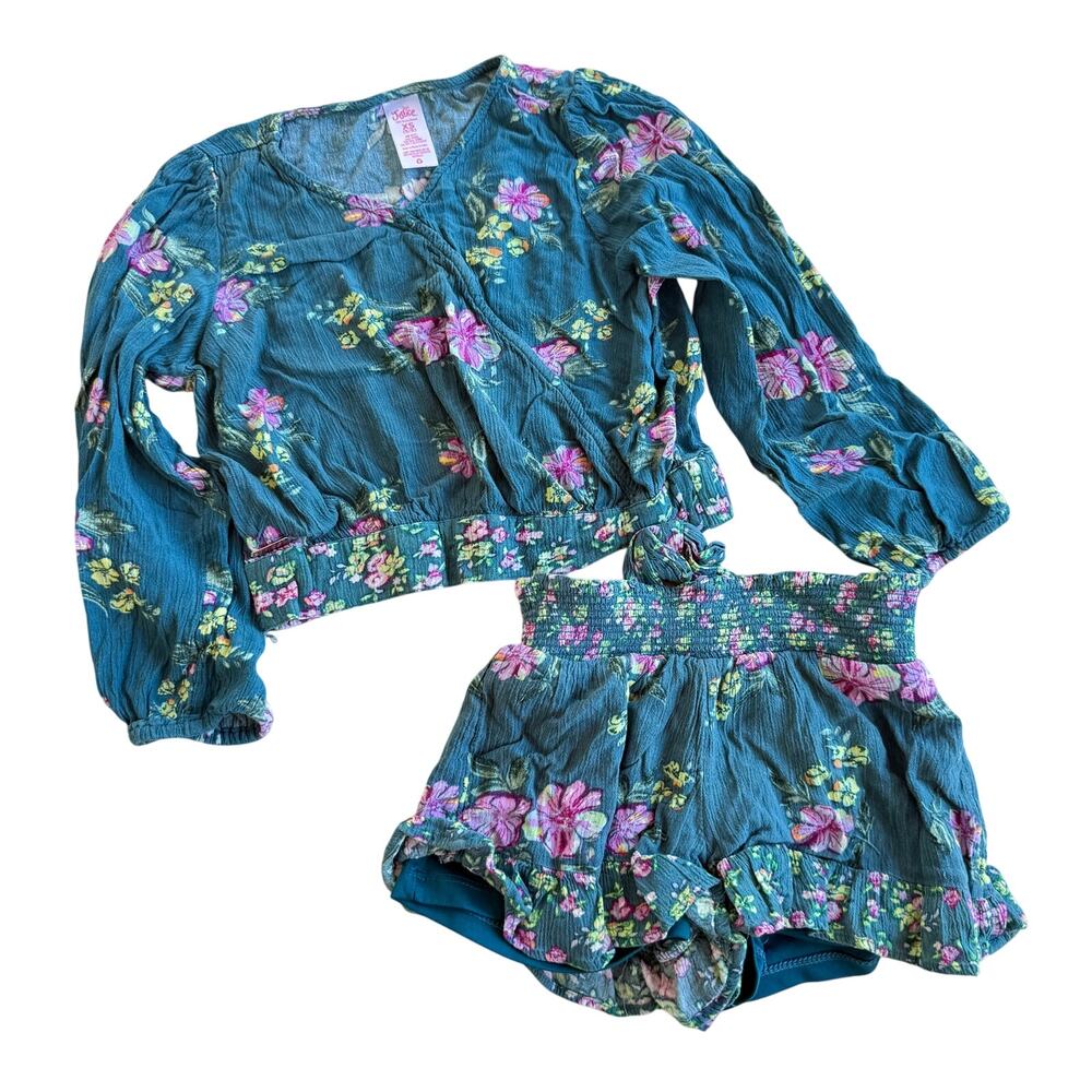 Justice Girls XS 2-Piece Teal Surplice Smocked Top & Shorts Set